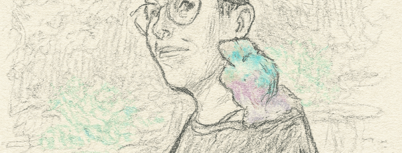 Hand-drawn colored pencil and ink sketch of a person standing outdoors in a forested area. They have short, wavy hair, wear round glasses, and are dressed in a loose dark shirt with beaded bracelets on their wrist, holding a camera strap. Perched on their shoulder is a small, pastel-colored creature with a fuzzy blue and pink body, rendered in soft color accents. The forest background is lightly sketched in grayscale with hints of green foliage.