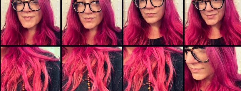 A collage of sixteen square photos showing a woman with long, bright pink hair and black-framed glasses against a light background. The photos capture different angles of her face and hair, from straight-on portraits to close-ups of wavy strands, highlighting the vivid color and texture.